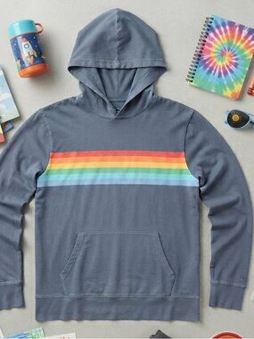 Primary Kids 6-7 Rainbow Stripe Hooded Long Sleeve Shirt